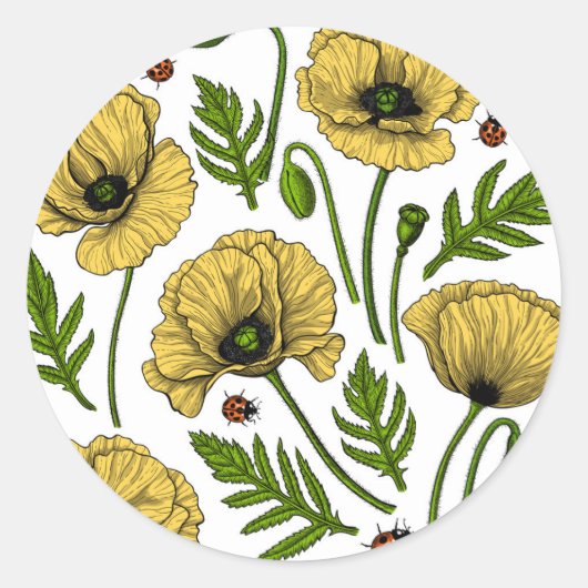 Gele papavers en ladybugs ronde sticker (Voorkant)