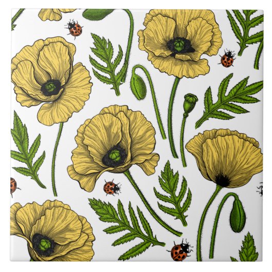 Gele papavers en ladybugs tegeltje (Voorkant)