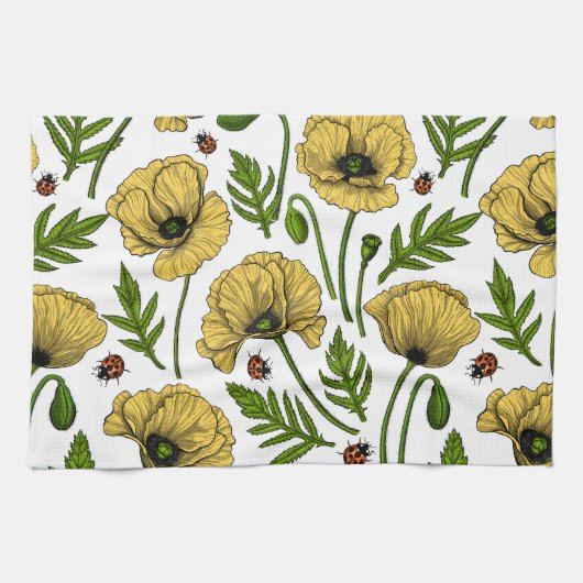 Gele papavers en ladybugs theedoek (Horizontaal)