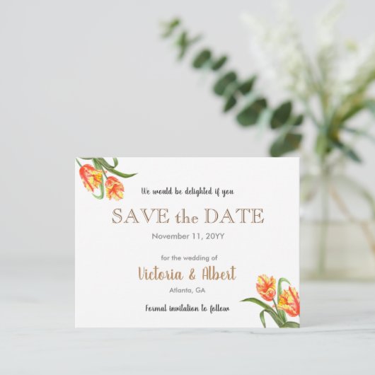 Gele papegaai Tulpen Bloemen Huwelijk Save The Dat Aankondigingskaart (Staand voorkant)