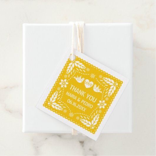 Gele papel picado liefde vogels bruiloft fiesta bedankjes labels (In situ)