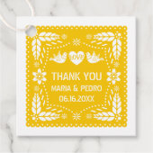 Gele papel picado liefde vogels bruiloft fiesta bedankjes labels (Voorkant)