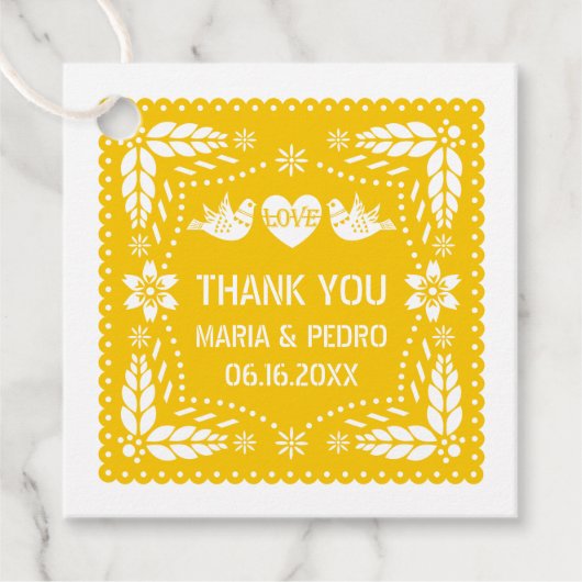 Gele papel picado liefde vogels bruiloft fiesta bedankjes labels (Voorkant)