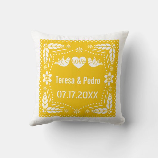 Gele papel picado liefde vogels bruiloft kussen (Achterkant)