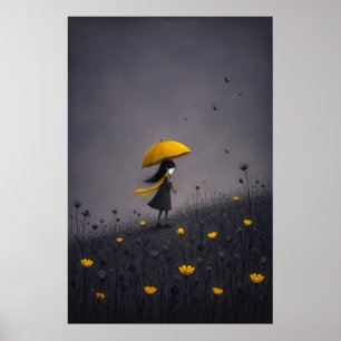 Gele Paraplu Donkere Whimsical Bloemige Poster