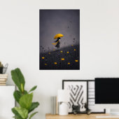 Gele Paraplu Donkere Whimsical Bloemige Poster (Thuiskantoor)