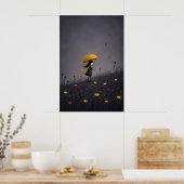 Gele Paraplu Donkere Whimsical Bloemige Poster (Keuken)