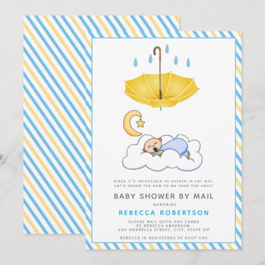 Gele paraplu, slapende baby boy douche per post kaart (Voorkant / Achterkant)