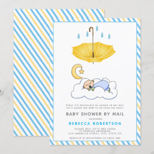 Gele paraplu, slapende baby boy douche per post kaart