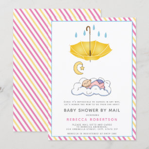 Gele paraplu's, een slapende baby-meid die per pos kaart