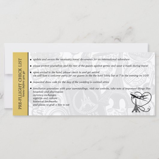 Gele Paris bruiloft instapkaart uitnodiging (Achterkant)