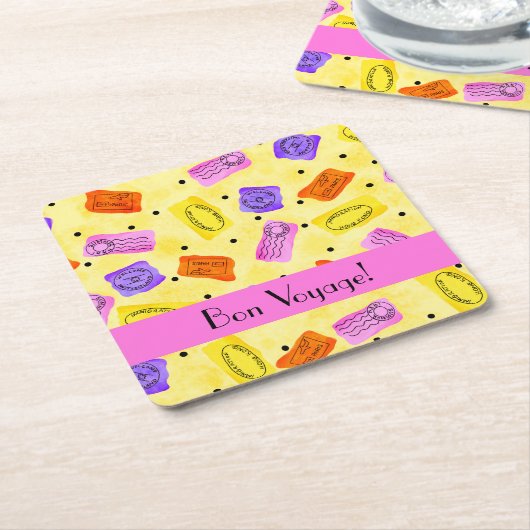  gele paspoortzegels Bon Voyage Kartonnen Onderzetters (Schuin)
