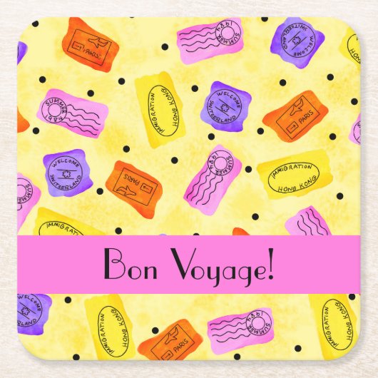  gele paspoortzegels Bon Voyage Kartonnen Onderzetters (Voorkant)