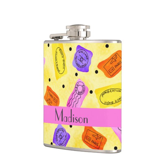  Gele Paspoortzegels Naam Gepersonaliseerd Heupfles (Links)