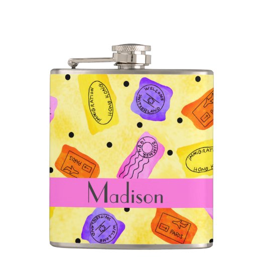  Gele Paspoortzegels Naam Gepersonaliseerd Heupfles (Voorkant)