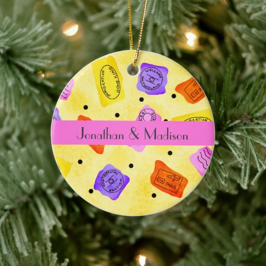 Gele Paspoortzegels Naam Gepersonaliseerd Keramisch Ornament (Boom)