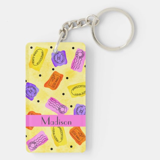  Gele Paspoortzegels Naam Gepersonaliseerd Sleutelhanger (achterkant)