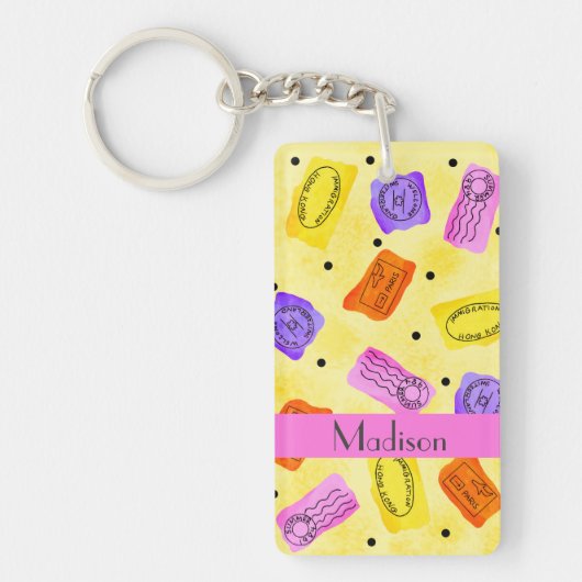  Gele Paspoortzegels Naam Gepersonaliseerd Sleutelhanger (Voorkant)