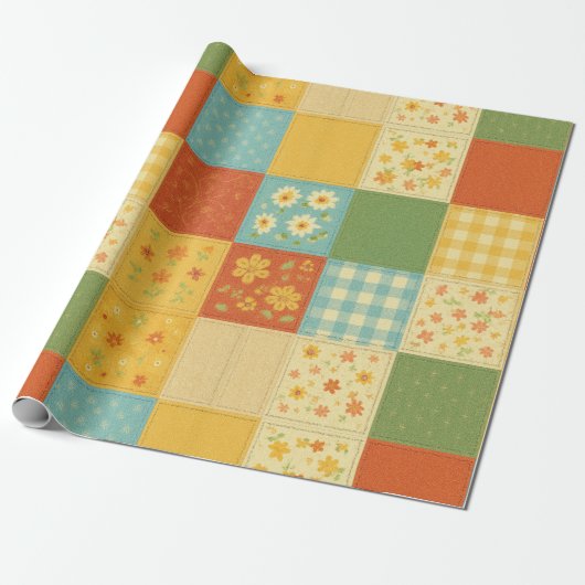 Gele Patchwork Dekbed Rustieke Boerderij Bloemmoti Cadeaupapier (Uitgerold)