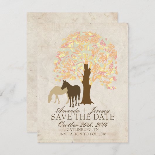 Gele peach en Mint Autumn paarden sparen de Datum Aankondigingskaart (Voorkant / Achterkant)