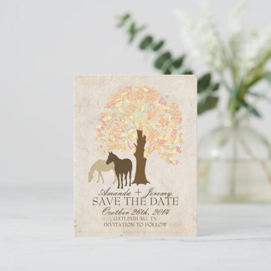 Gele peach en Mint Autumn paarden sparen de Datum Aankondigingskaart (Staand voorkant)