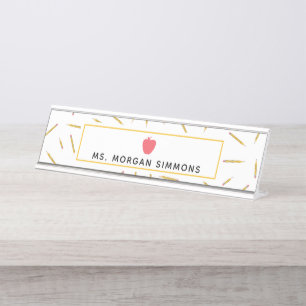 Gele Pencils Roze Apple-leerstoel Bureau Naambordje