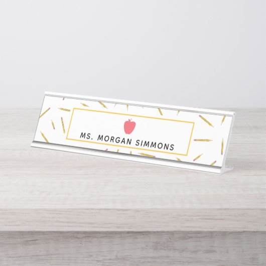 Gele Pencils Roze Apple-leerstoel Bureau Naambordje (Voorkant)