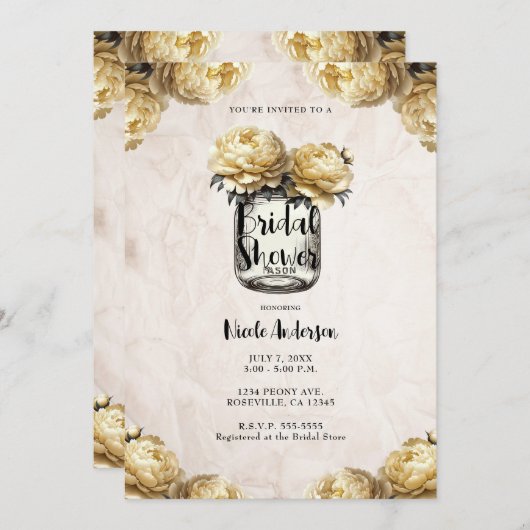 Gele Peony Mason Jar Rustiek Vrijgezellenfeest Kaart (Voorkant / Achterkant)