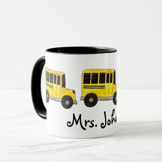 Gele persoonlijke docent-schoolbus: cadeau mok (Voorkant links)