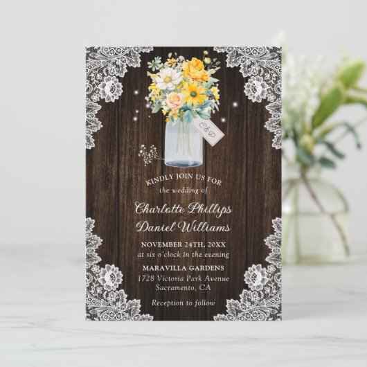 Gele Perzik Bloemen Houten Kant Rustieke Bruiloft Kaart (Staand voorkant)