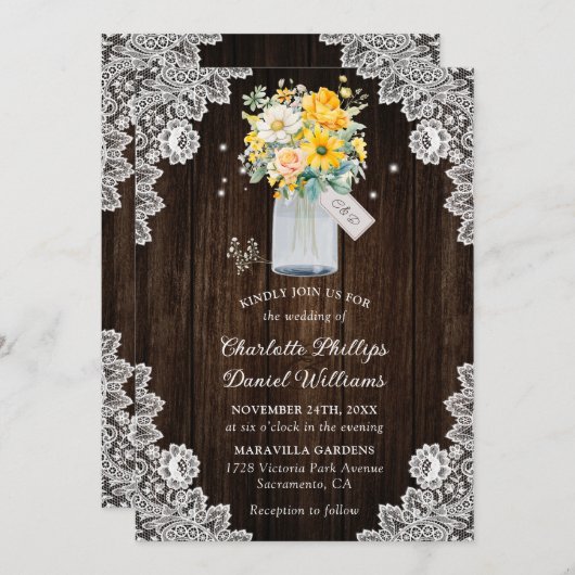 Gele Perzik Bloemen Houten Kant Rustieke Bruiloft Kaart (Voorkant / Achterkant)