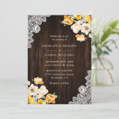 Gele Perzik Bloemen Rustieke Houten Bruiloft Kaart (Staand voorkant)