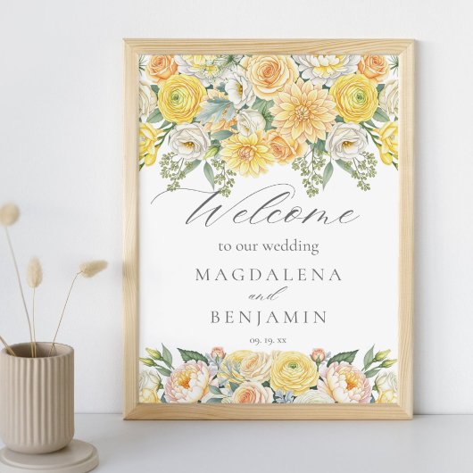 Gele Perzikbloesems Salie Groene Huwelijks Welkom Poster