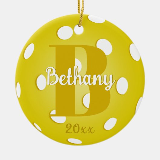 Gele Pickleball Gold Monogram Naam Keramisch Ornament (Voorkant)