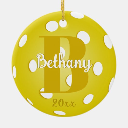 Gele Pickleball Gold Monogram Naam Keramisch Ornament (Achterkant)