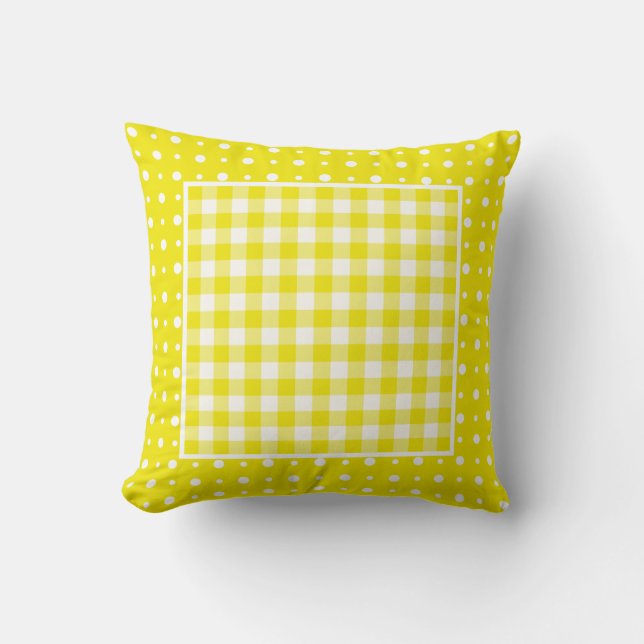Gele Pillow of Cushion, Polka Dots en Gingham Kussen (Voorkant)