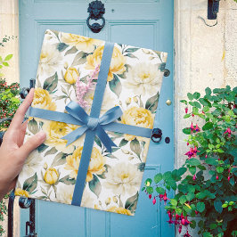 Gele Pioen en Chrysanthemum Bloemige Waterverf Cadeaupapier