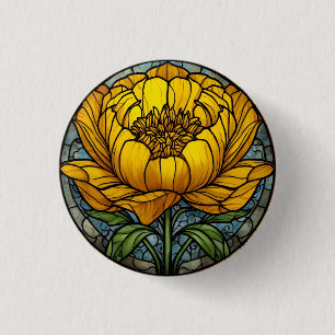 Gele Pioen Glas-in-Lood Ronde Button 3,2 Cm