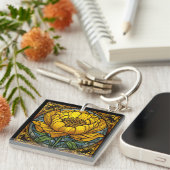 Gele Pioen Glas-in-Lood Sleutelhanger (Voorkant Rechts)