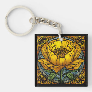 Gele Pioen Glas-in-Lood Sleutelhanger
