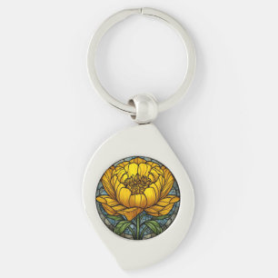 Gele Pioen Glas-in-Lood Sleutelhanger