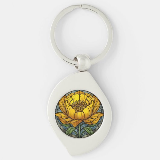 Gele Pioen Glas-in-Lood Sleutelhanger (Voorkant)
