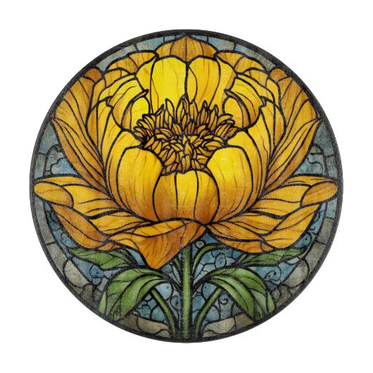 Gele Pioen Glas-in-Lood Snijplank (Voorkant)