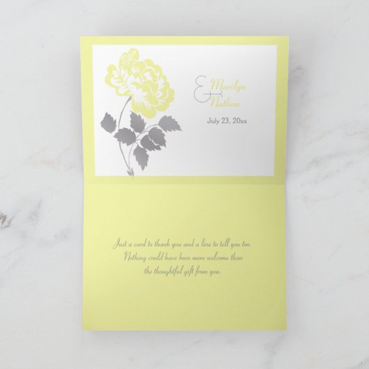 Gele Pioen op Wit met Grijze Dankkaart Bedankkaart (Binnen)