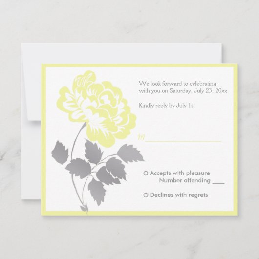 Gele Pioen op Witte Antwoordkaart RSVP Kaartje (Voorkant)