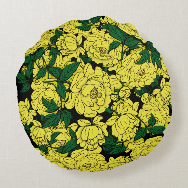 Gele Pioenrozen Rond Kussen (Achterkant)