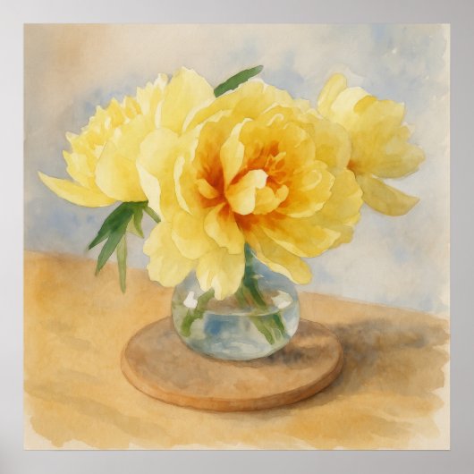 Gele Pioenrozen – Watercolor Kunstprint Poster (Voorkant)