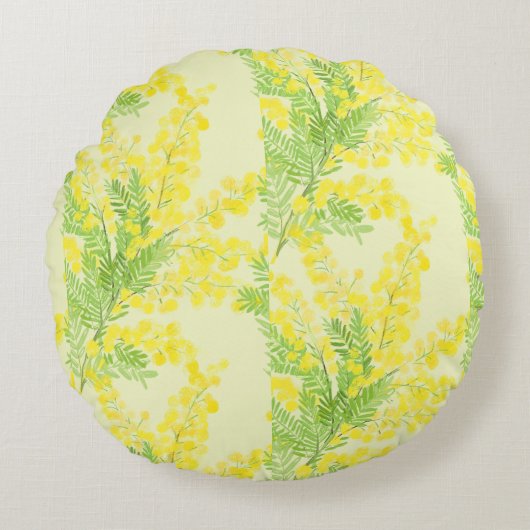 Gele pluizige mimosa bloem rond kussen (Voorkant)