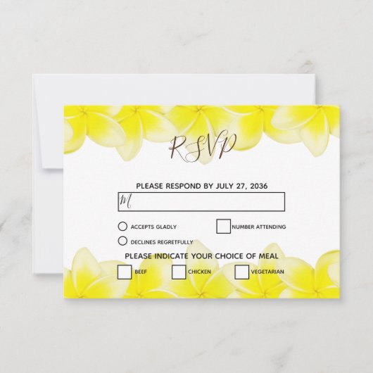 Gele Plumeria Frangipani Weddenschap RSVP-Kaarten RSVP Kaartje (Voorkant)