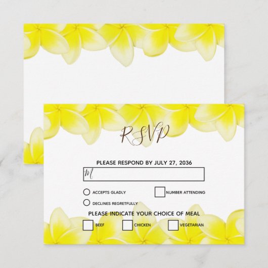 Gele Plumeria Frangipani Weddenschap RSVP-Kaarten RSVP Kaartje (Voorkant / Achterkant)